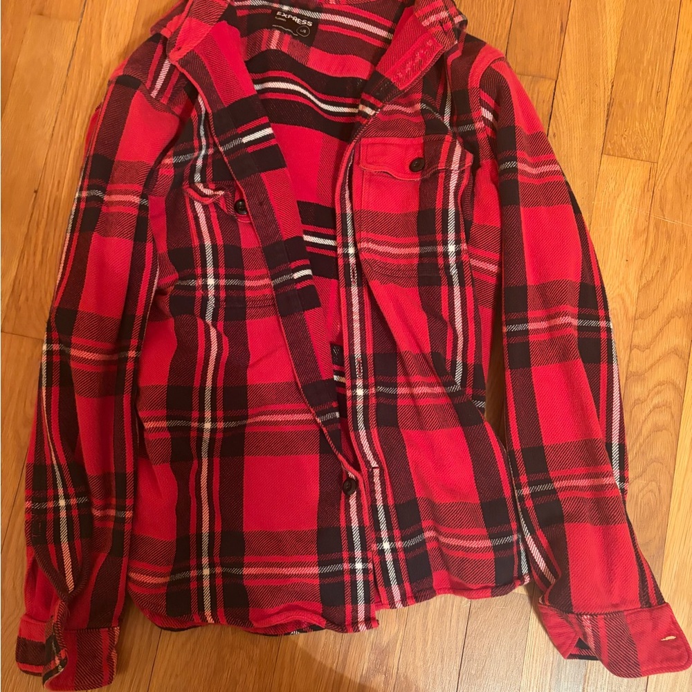 Express Red and Black Plaid Heavy Button Down Shirt